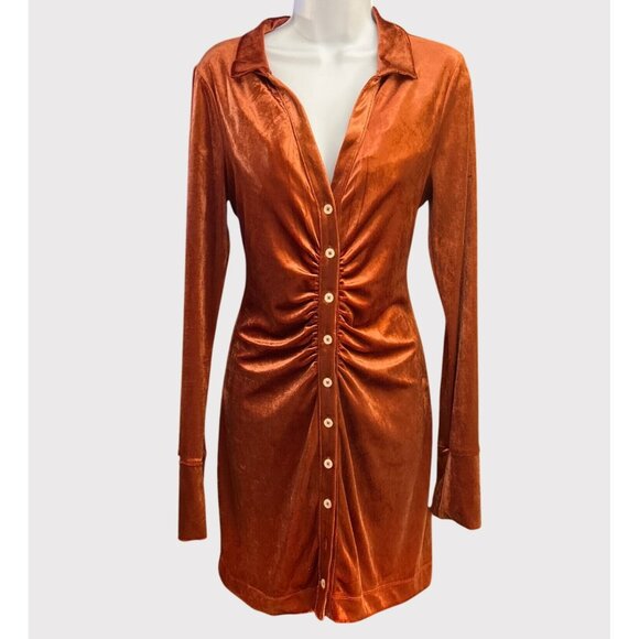 Free People Rust Velvet Ruched Button Front Mini Dress Boho 70s Glam Sz M Disco - Picture 1 of 7